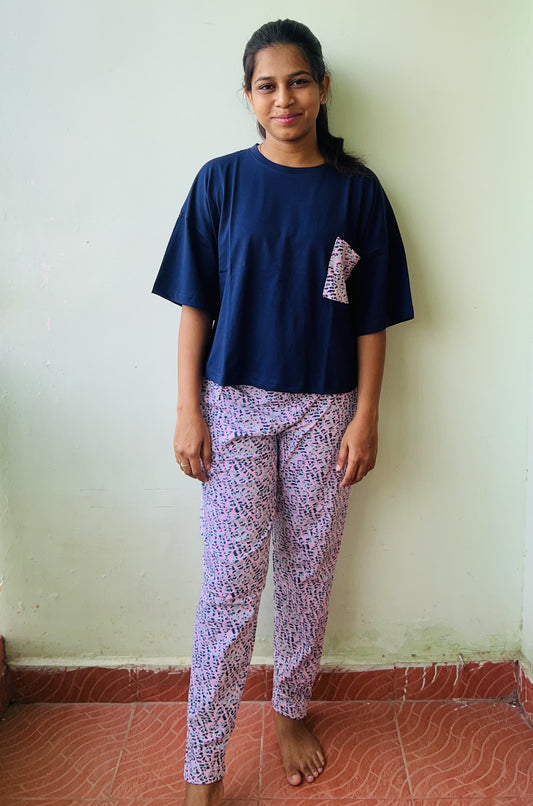 Dark Blue With Violet Pant Pocket Night Dress