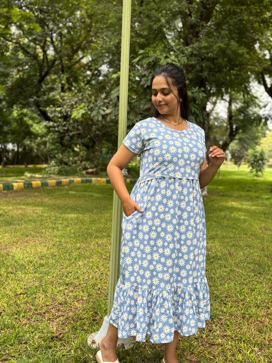 Blue Flower Stylish Feeding Frock With ( Inner V Type Feeding )