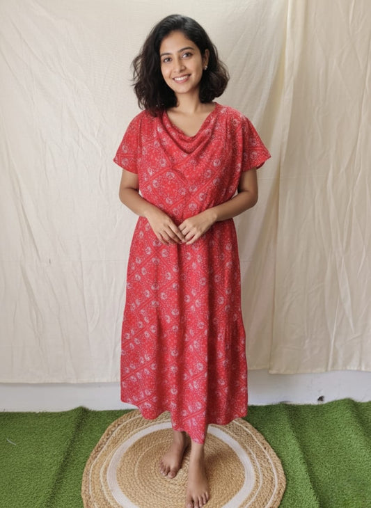 Red Shwal Type Feeding Frock (Inner Double Side Zip)
