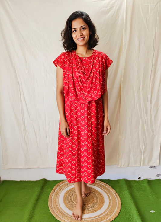 Red Heart Shwal Type Feeding Frock (Inner Double Side Zip)