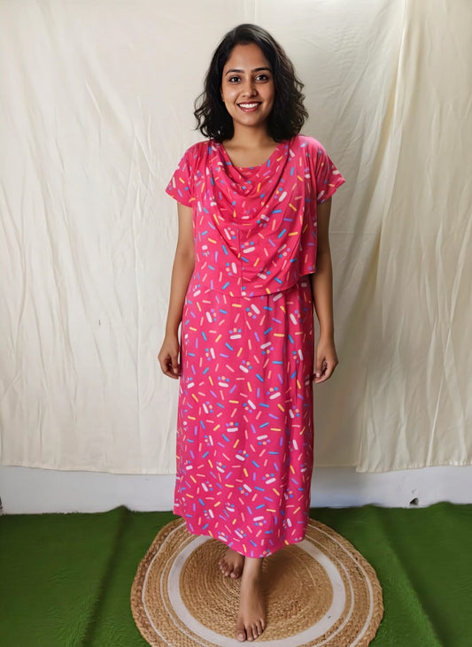 Pink Pattern Shwal Type Feeding Frock (Inner Double Side Zip)